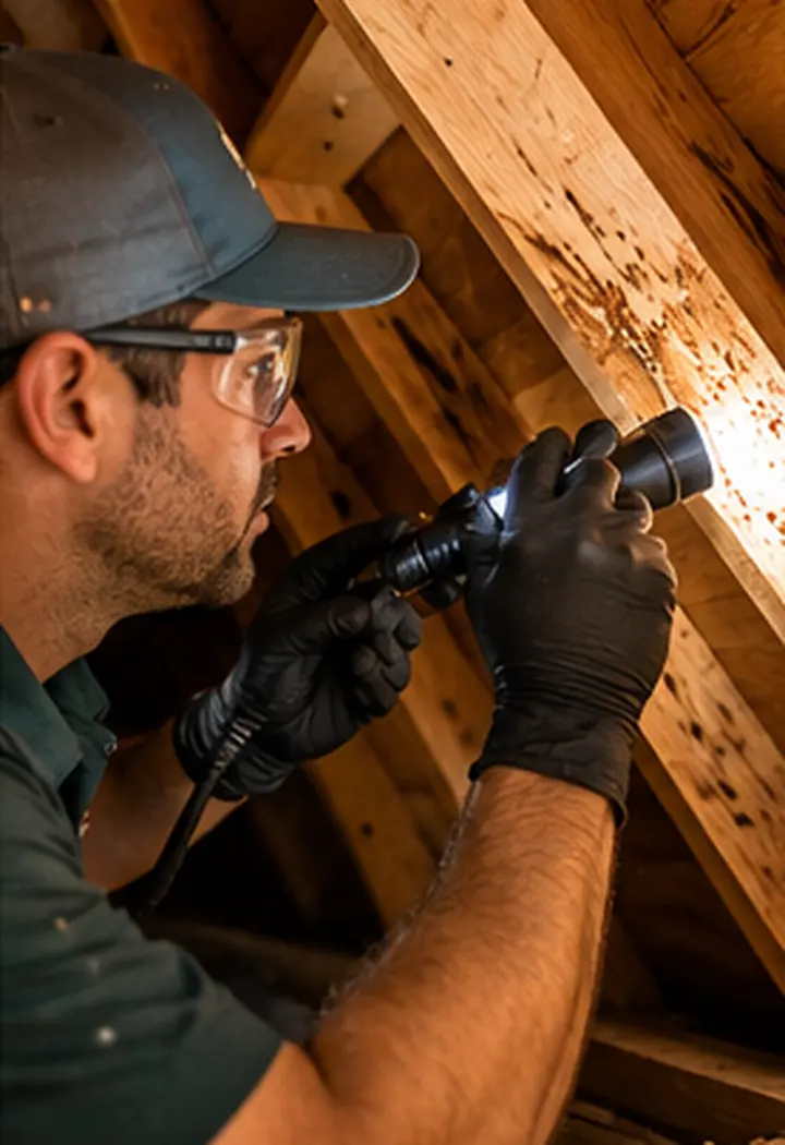 Illustrative photo-style scene of a person inspecting wood in an attic
